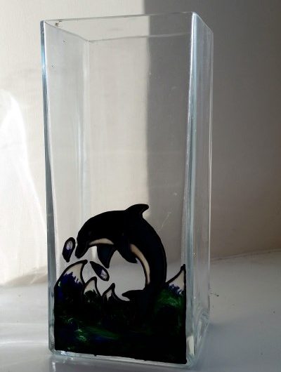 Glass Painted Dolphin Vase